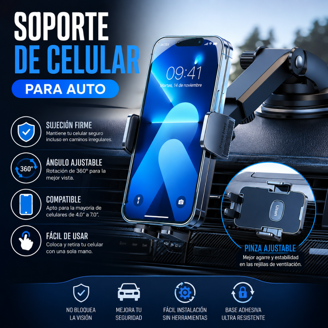 SOPORTE DE CELULAR PARA AUTO – Brazo extendible y manejo seguro