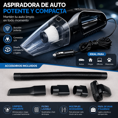 ASPIRADORA PORTÁTIL PARA AUTO 3 EN 1 CON BOQUILLAS INTERCAMBIABLES – Limpieza profunda en cada rincón